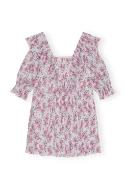 Best GANNI Pleated Georgette Ruffle Mini Dress Mauve Chalk
