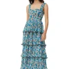 Hot GANNI Pleated Georgette Smock Midi Dress Floral Azure Blue