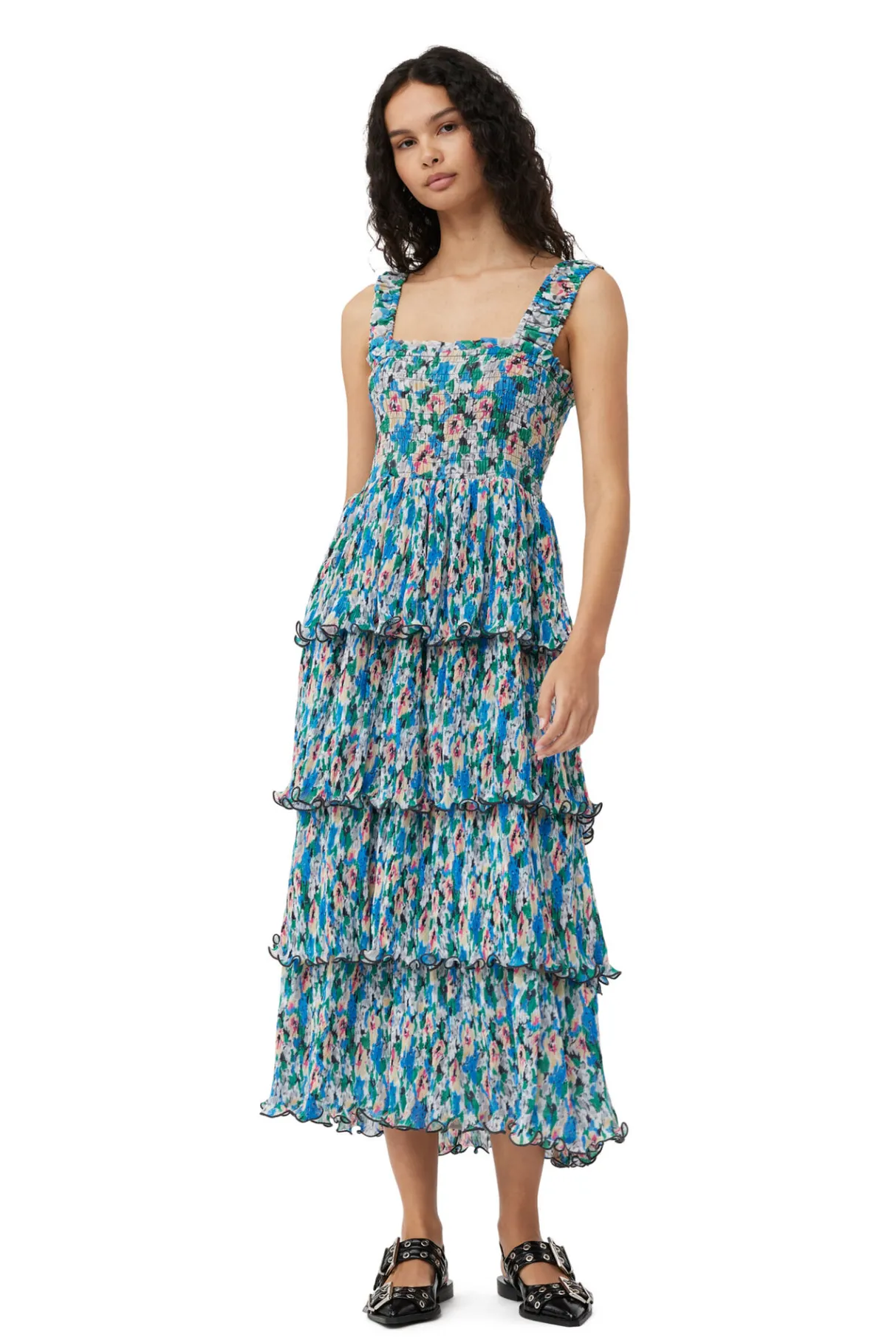Hot GANNI Pleated Georgette Smock Midi Dress Floral Azure Blue