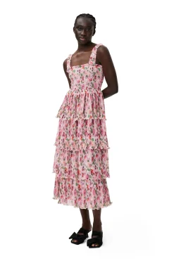 Store GANNI Pleated Georgette Smock Midi Dress Sugar Plum