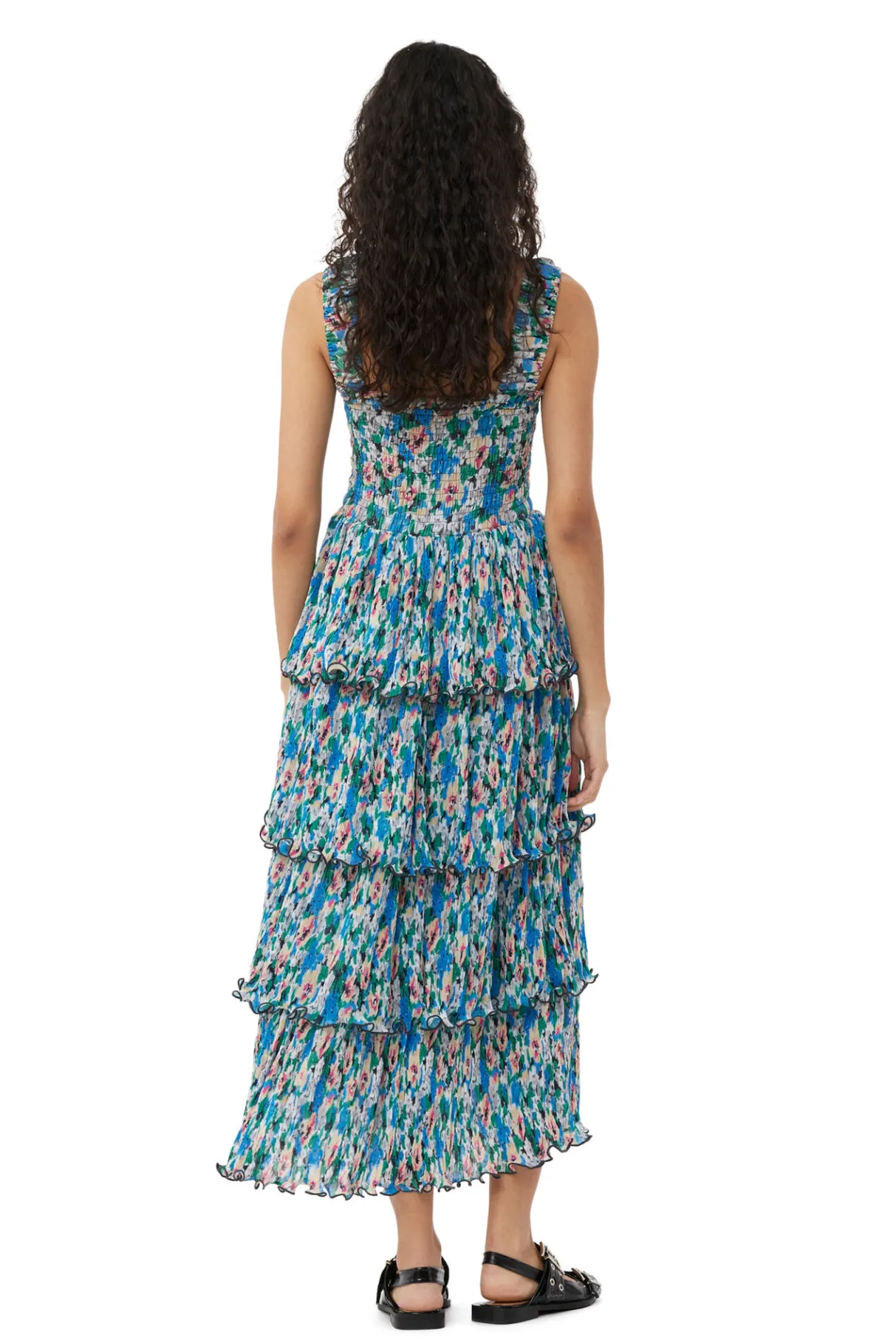 Hot GANNI Pleated Georgette Smock Midi Dress Floral Azure Blue