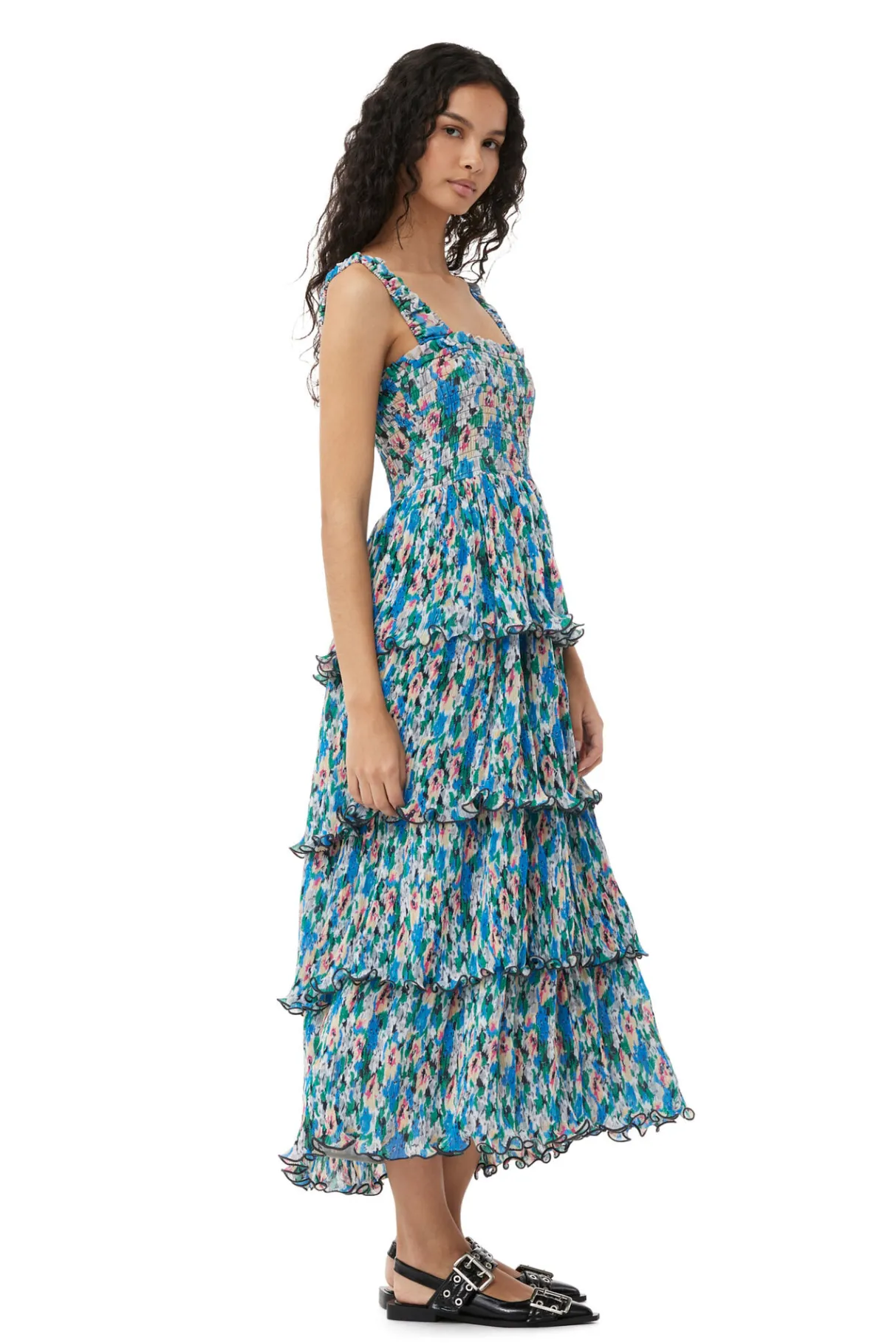 Hot GANNI Pleated Georgette Smock Midi Dress Floral Azure Blue