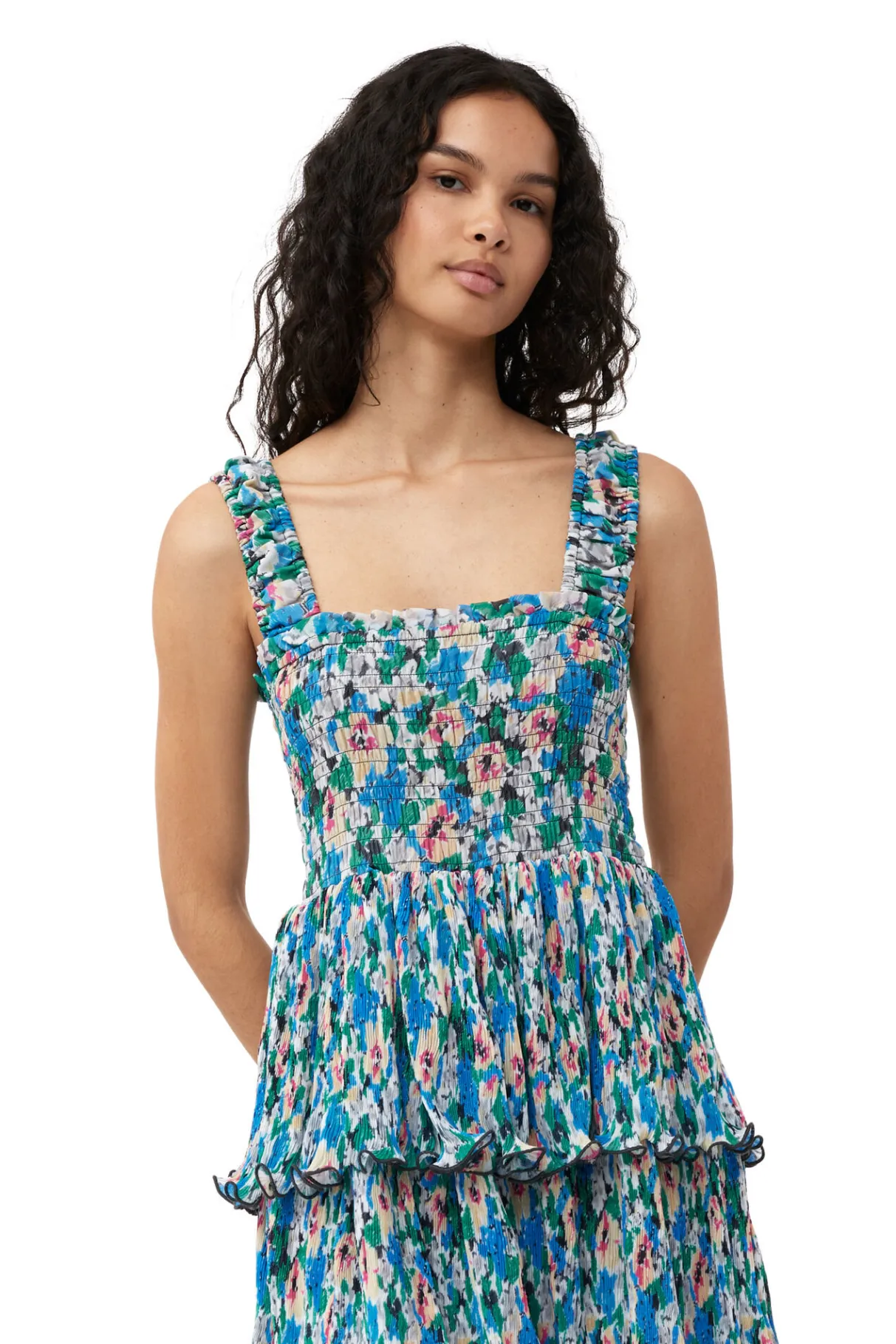 Hot GANNI Pleated Georgette Smock Midi Dress Floral Azure Blue