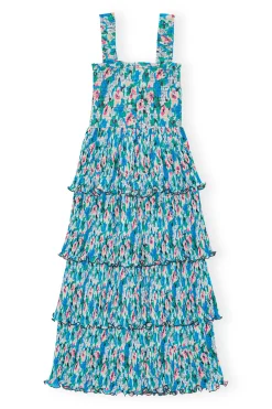 Hot GANNI Pleated Georgette Smock Midi Dress Floral Azure Blue