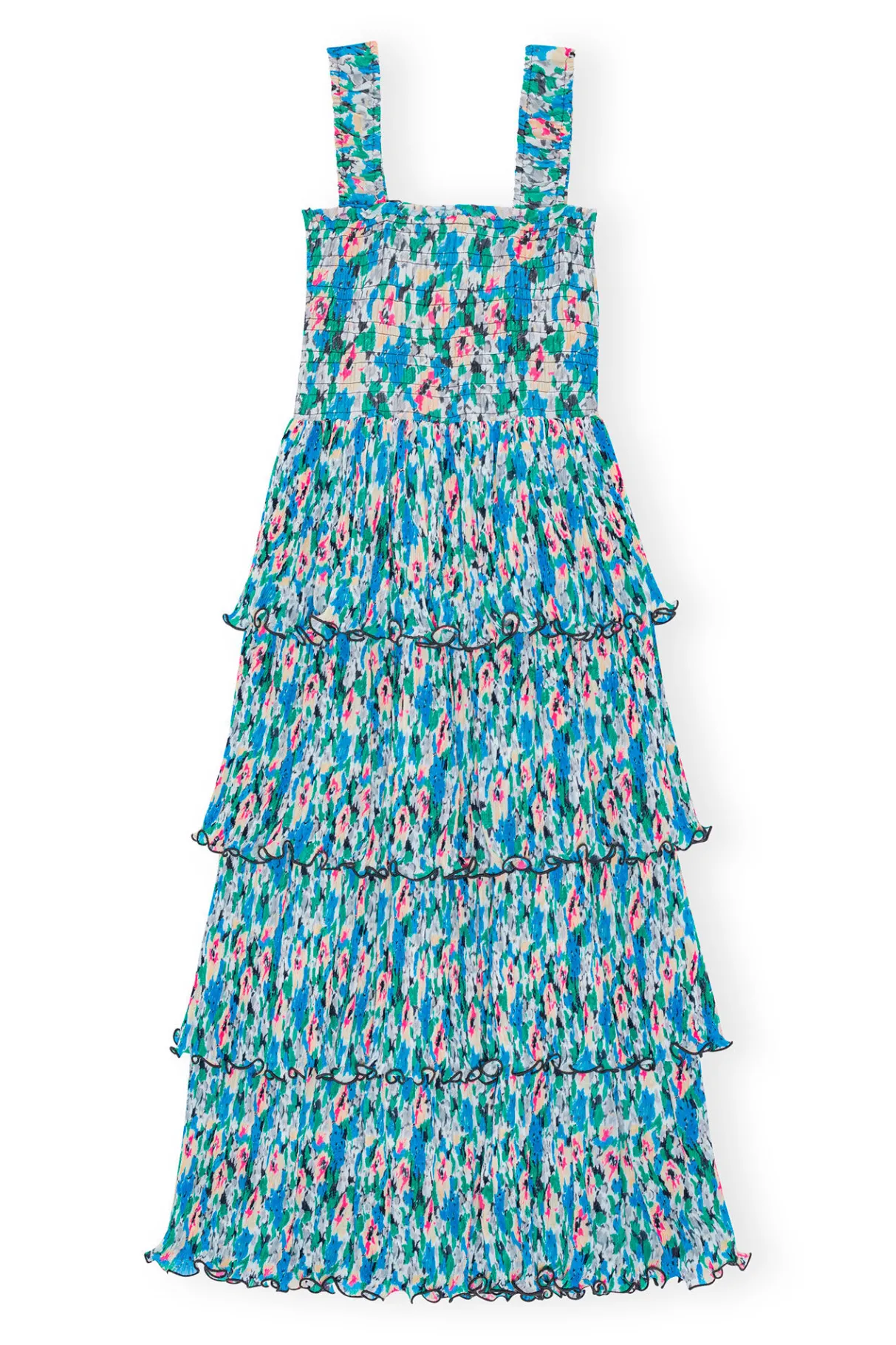 Hot GANNI Pleated Georgette Smock Midi Dress Floral Azure Blue