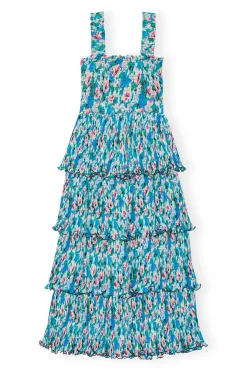 Hot GANNI Pleated Georgette Smock Midi Dress Floral Azure Blue