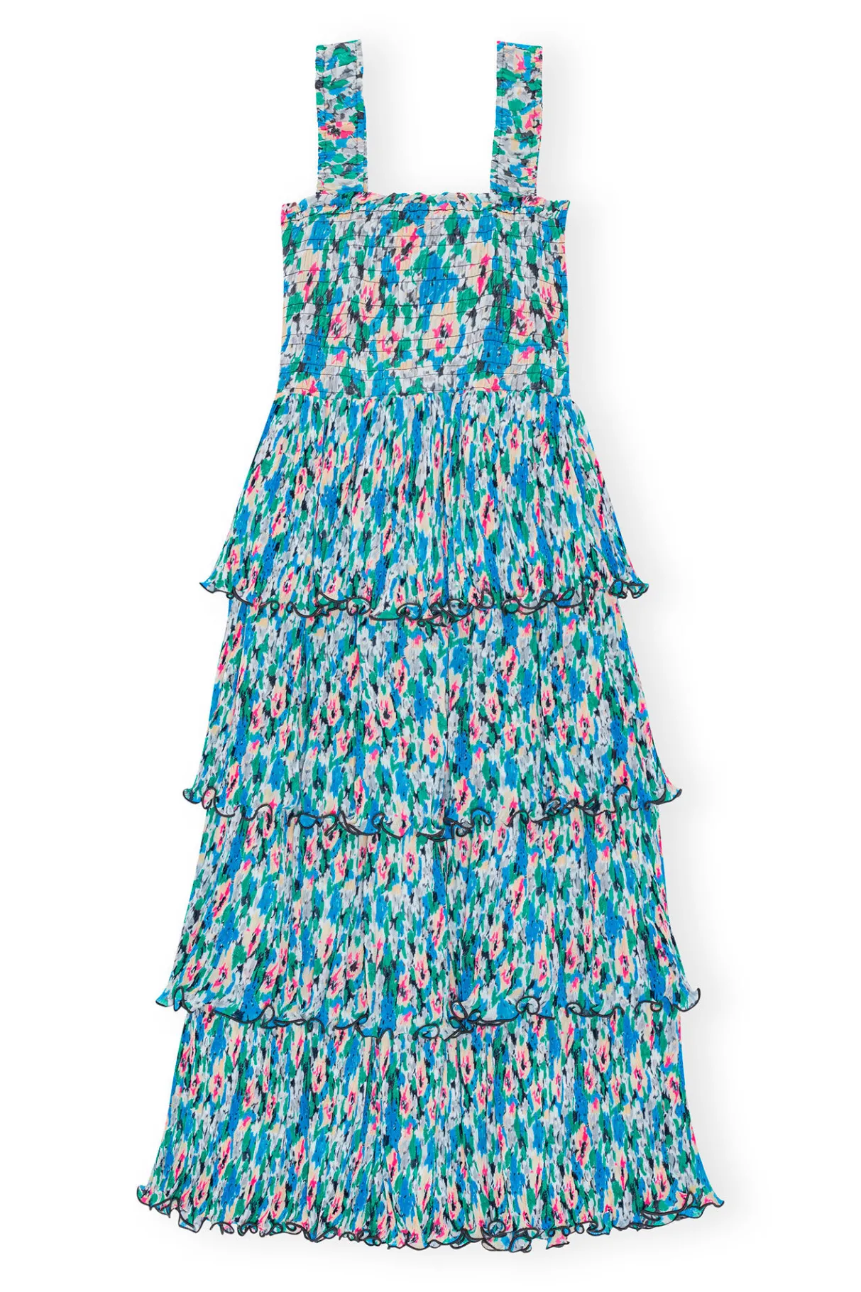 Hot GANNI Pleated Georgette Smock Midi Dress Floral Azure Blue