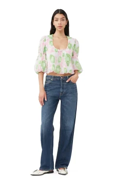 Hot GANNI Pleated Georgette U-Neck Blouse Pink Tulle