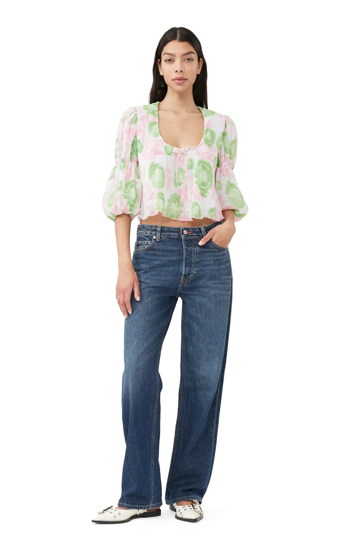 Hot GANNI Pleated Georgette U-Neck Blouse Pink Tulle