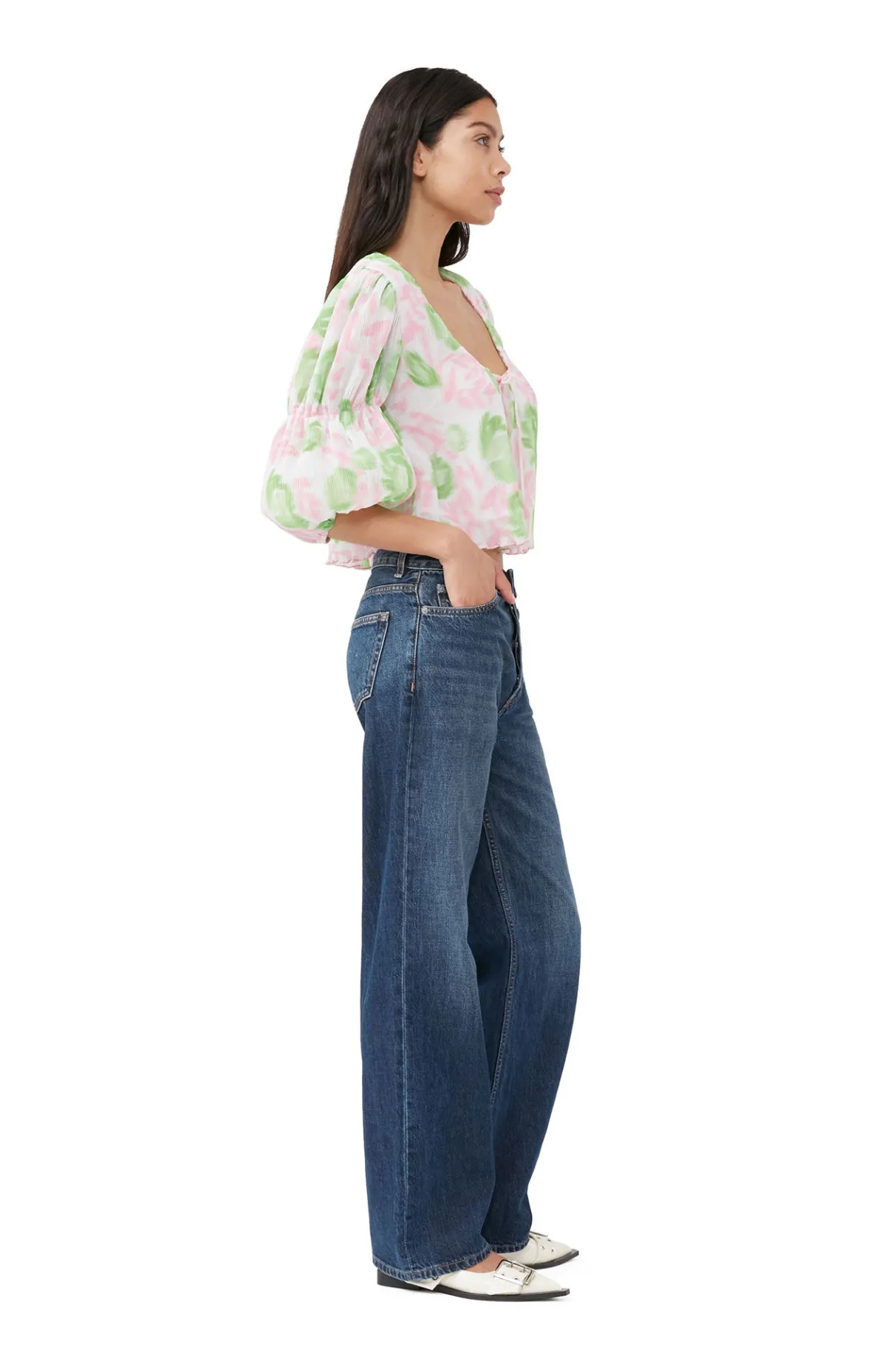 Hot GANNI Pleated Georgette U-Neck Blouse Pink Tulle