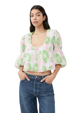 Hot GANNI Pleated Georgette U-Neck Blouse Pink Tulle