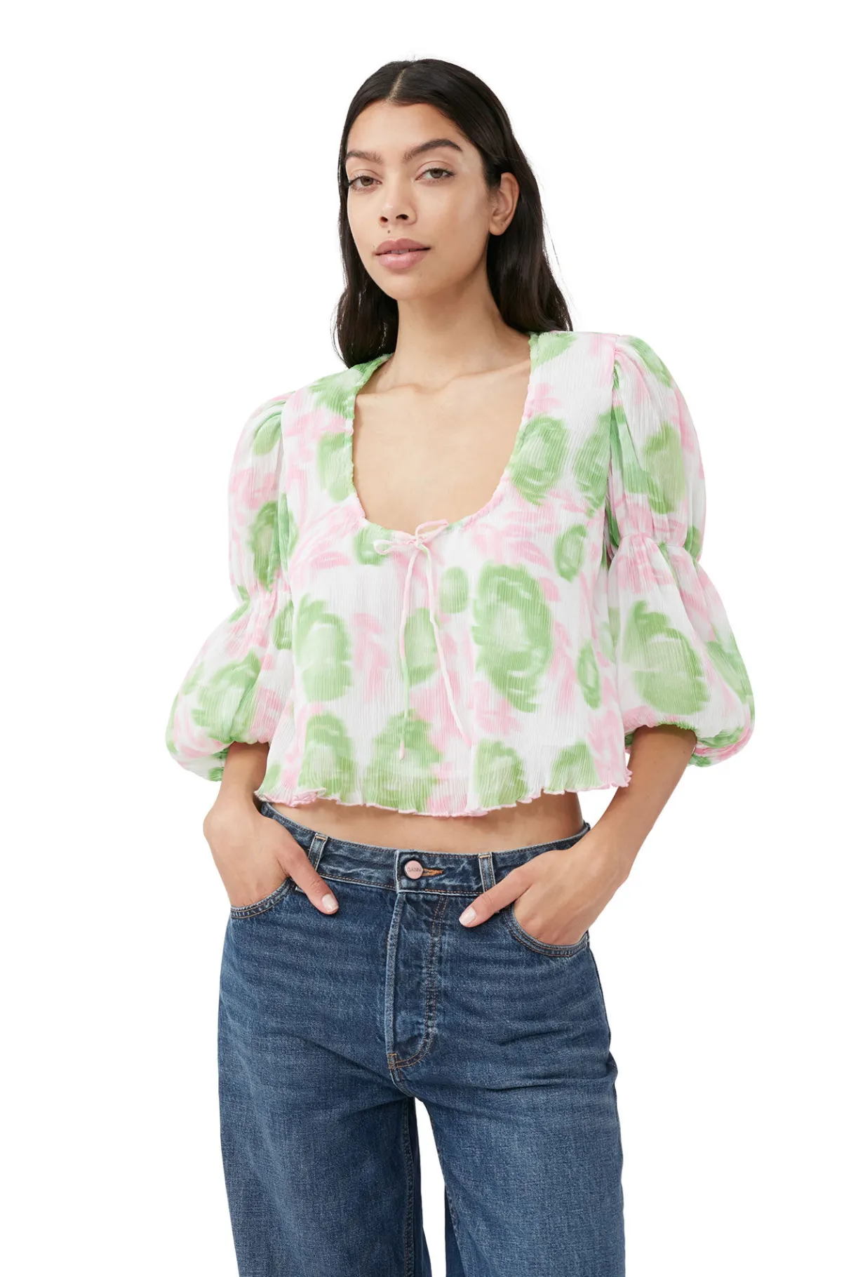 Hot GANNI Pleated Georgette U-Neck Blouse Pink Tulle
