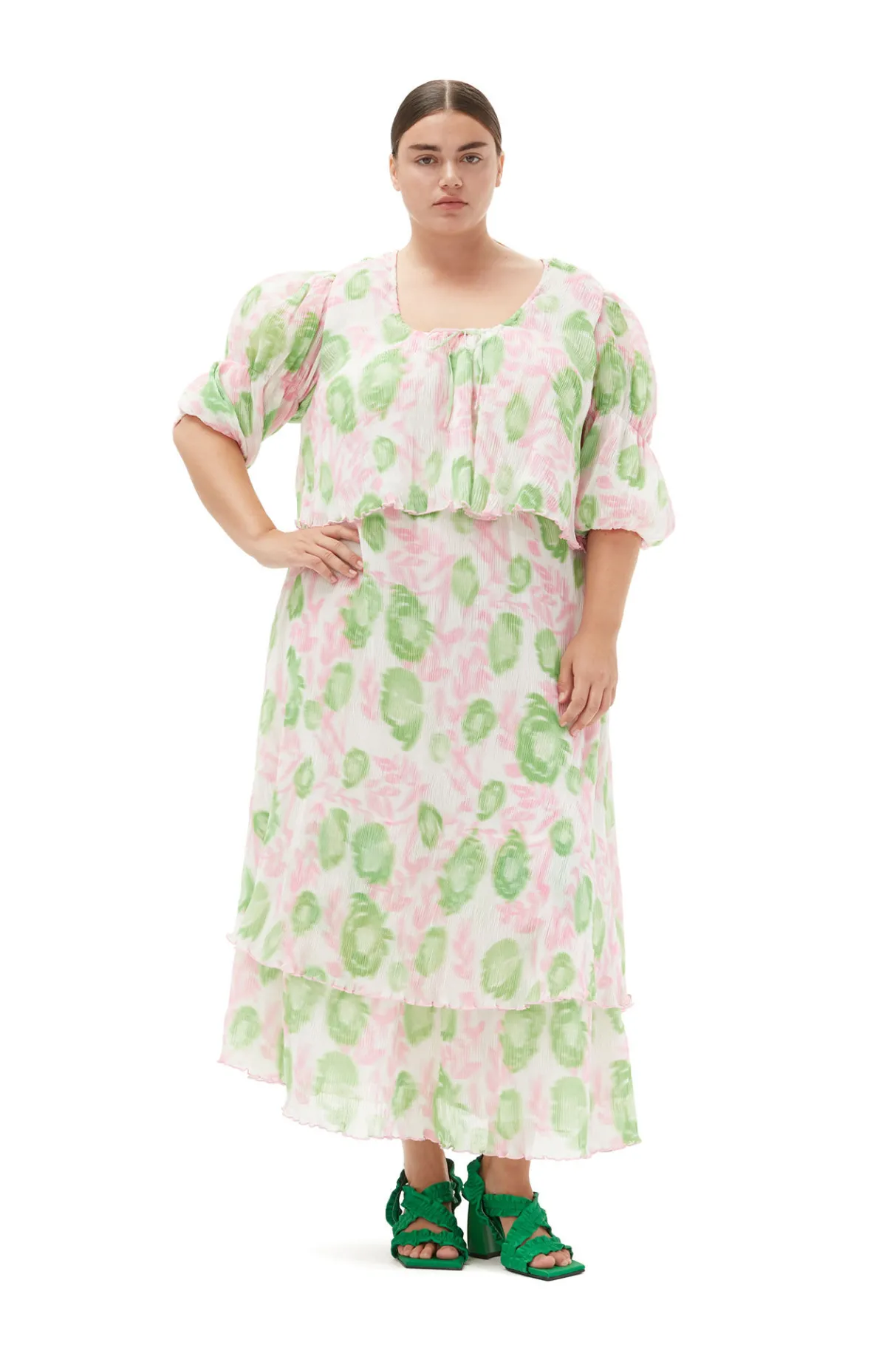 Hot GANNI Pleated Georgette U-Neck Blouse Pink Tulle