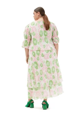 Hot GANNI Pleated Georgette U-Neck Blouse Pink Tulle