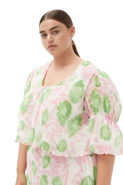 Hot GANNI Pleated Georgette U-Neck Blouse Pink Tulle
