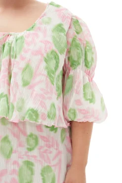 Hot GANNI Pleated Georgette U-Neck Blouse Pink Tulle