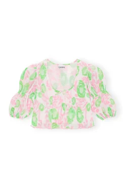 Hot GANNI Pleated Georgette U-Neck Blouse Pink Tulle