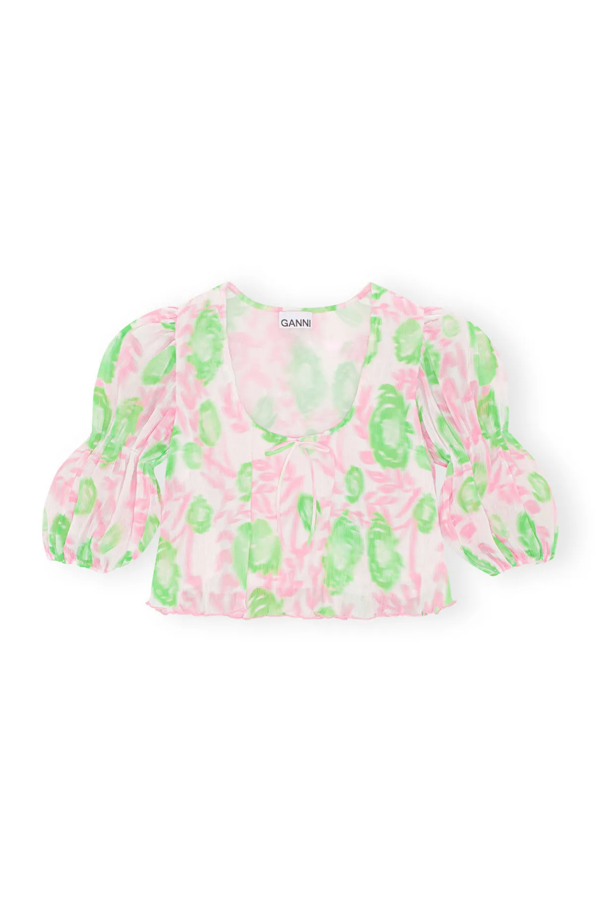 Hot GANNI Pleated Georgette U-Neck Blouse Pink Tulle