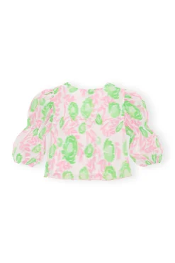 Hot GANNI Pleated Georgette U-Neck Blouse Pink Tulle