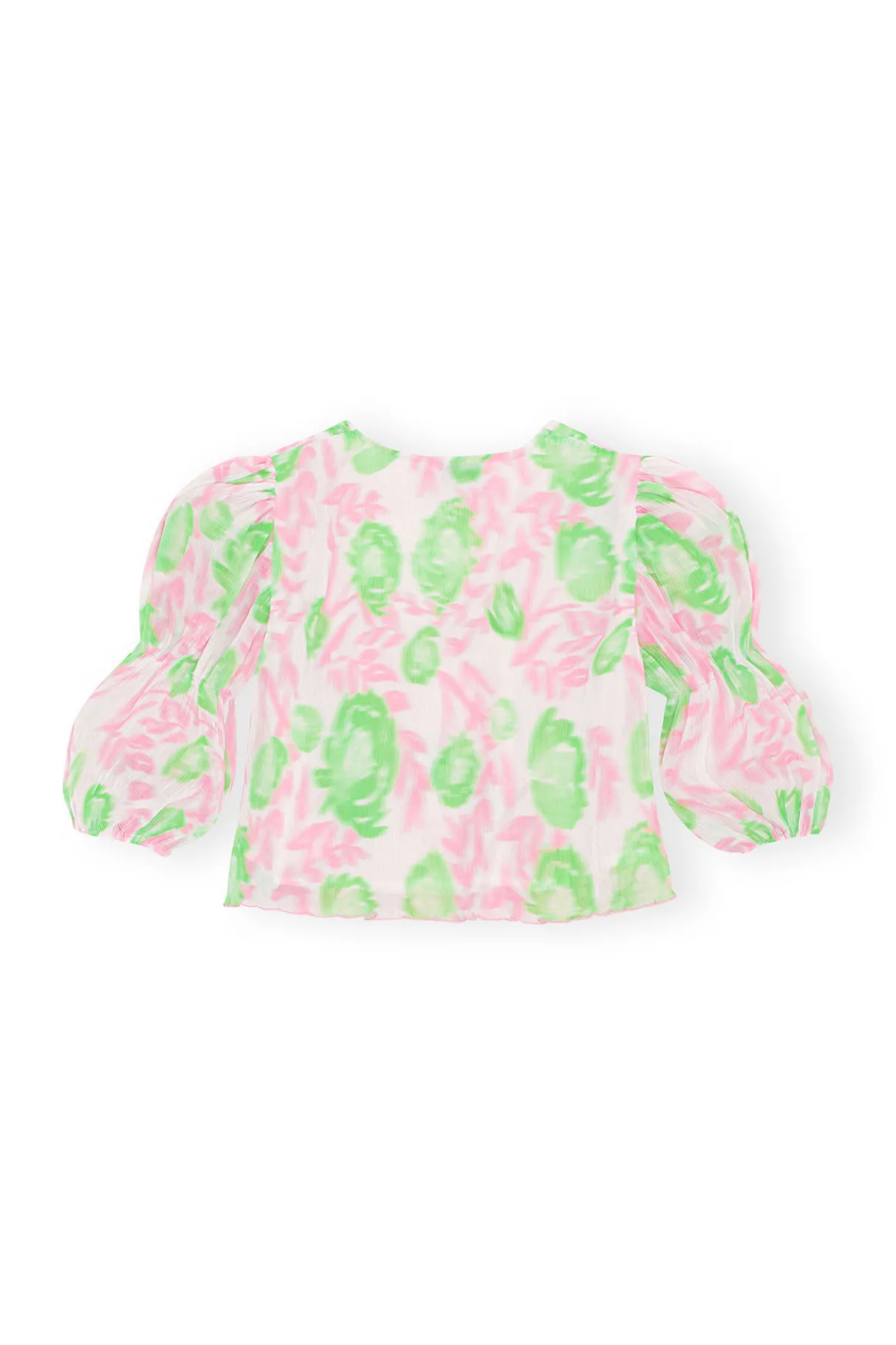 Hot GANNI Pleated Georgette U-Neck Blouse Pink Tulle