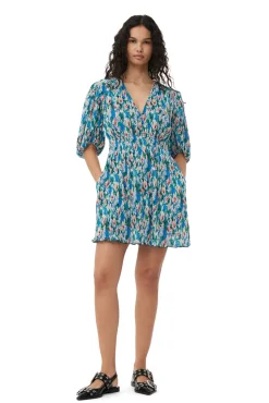 Shop GANNI Pleated Georgette V-Neck Mini Dress Floral Azure Blue