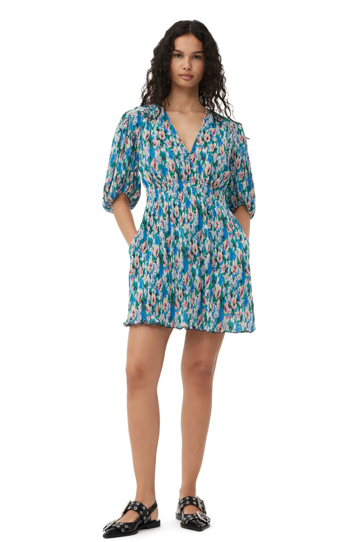 Shop GANNI Pleated Georgette V-Neck Mini Dress Floral Azure Blue