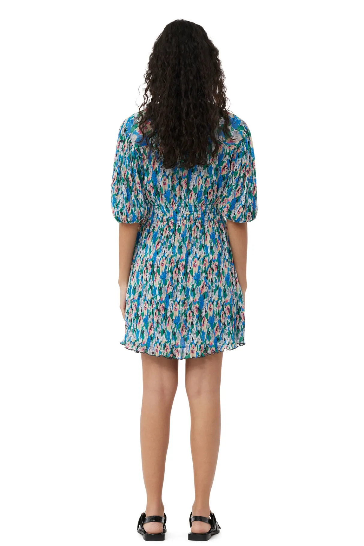 Shop GANNI Pleated Georgette V-Neck Mini Dress Floral Azure Blue