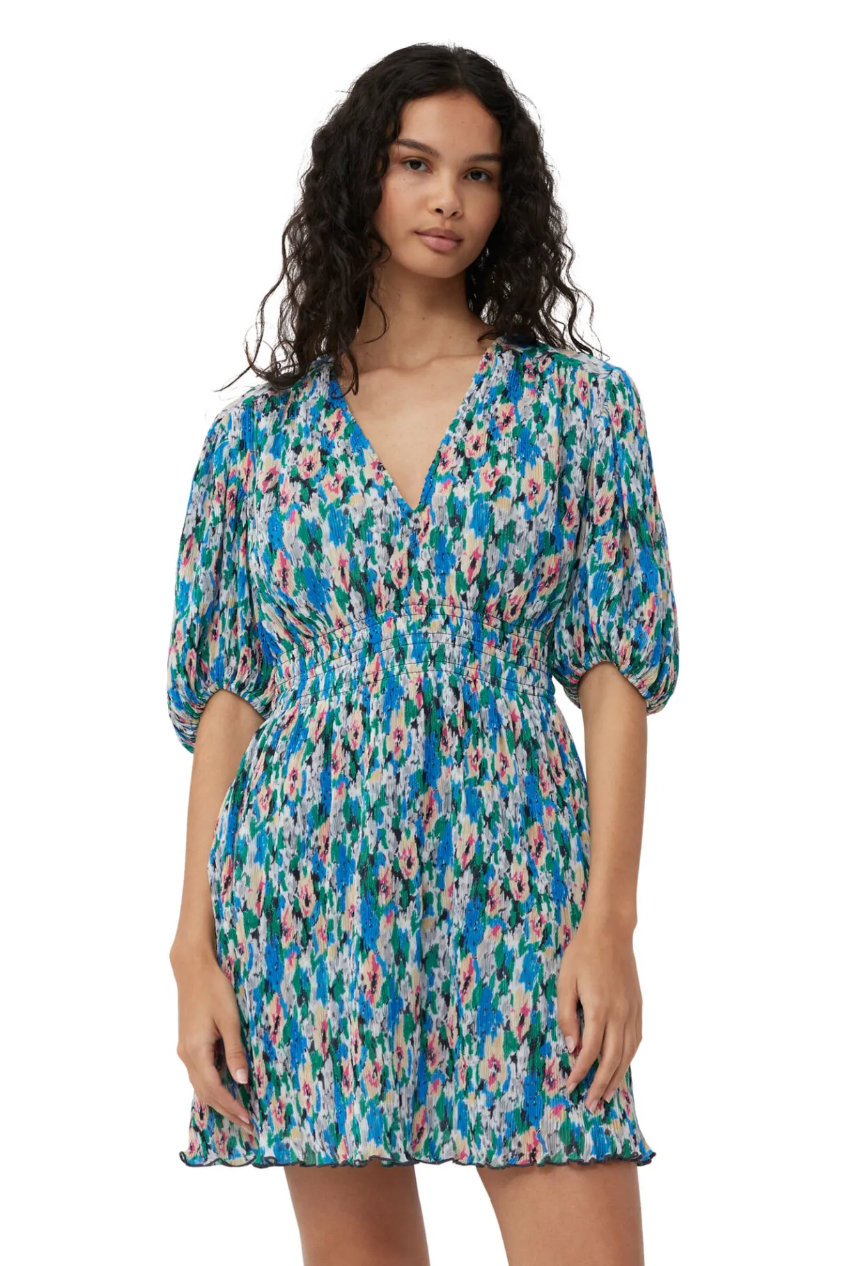 Shop GANNI Pleated Georgette V-Neck Mini Dress Floral Azure Blue