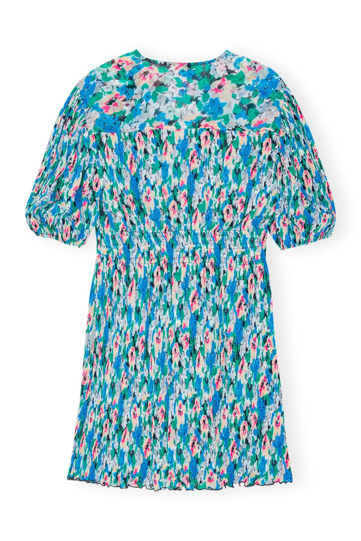 Shop GANNI Pleated Georgette V-Neck Mini Dress Floral Azure Blue