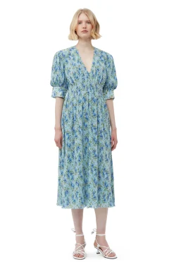 Best Sale GANNI Pleated Georgette V-Neck Smock Midi Dress Ice Water