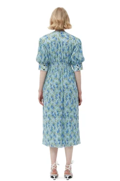 Best Sale GANNI Pleated Georgette V-Neck Smock Midi Dress Ice Water