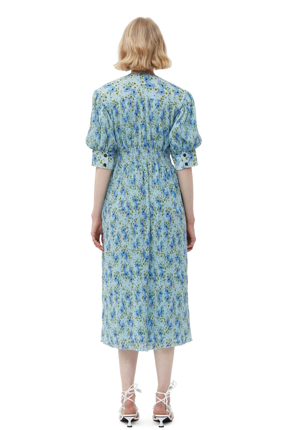 Best Sale GANNI Pleated Georgette V-Neck Smock Midi Dress Ice Water