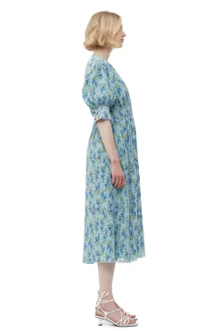 Best Sale GANNI Pleated Georgette V-Neck Smock Midi Dress Ice Water