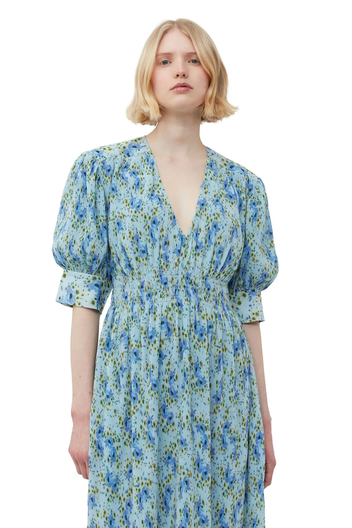 Best Sale GANNI Pleated Georgette V-Neck Smock Midi Dress Ice Water