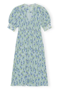 Best Sale GANNI Pleated Georgette V-Neck Smock Midi Dress Ice Water