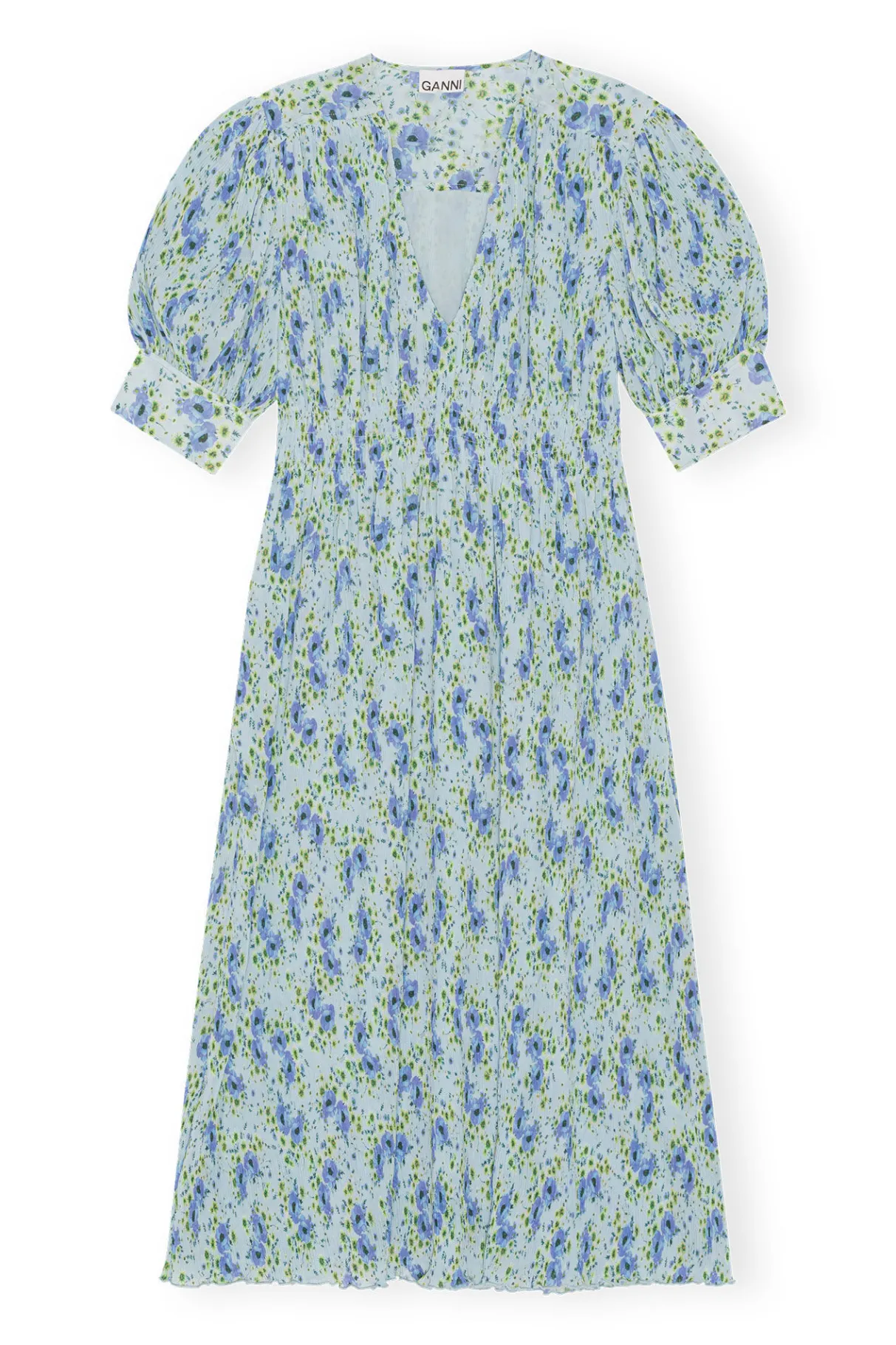 Best Sale GANNI Pleated Georgette V-Neck Smock Midi Dress Ice Water