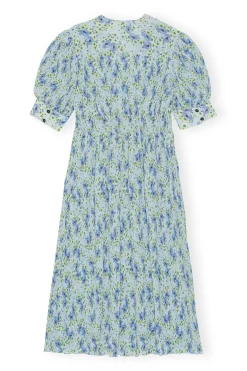 Best Sale GANNI Pleated Georgette V-Neck Smock Midi Dress Ice Water