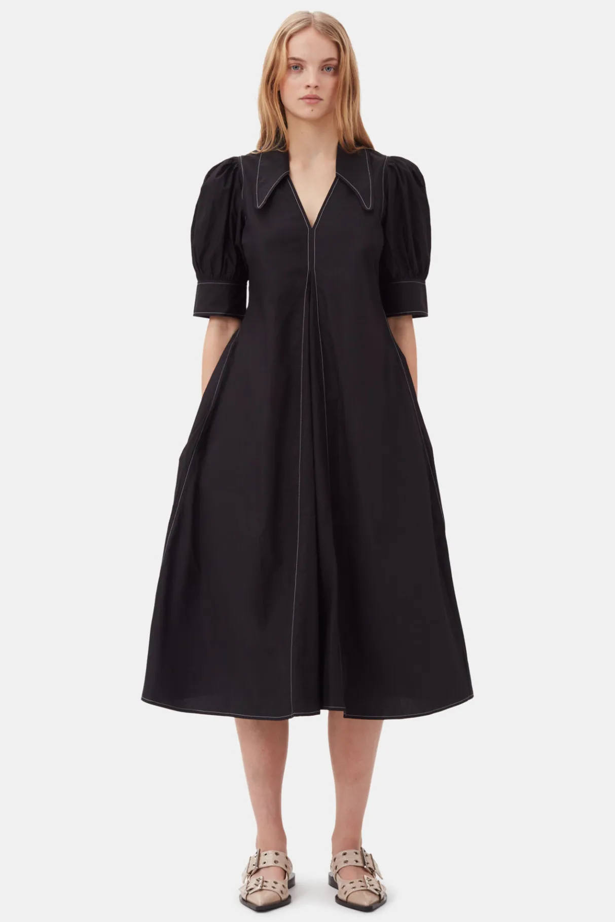 Hot GANNI Poplin Midi Dress Black