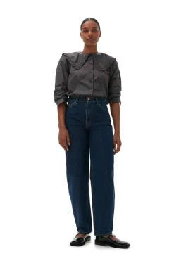 Outlet GANNI Printed Cotton Frill Collar Shirt Volcanic Ash
