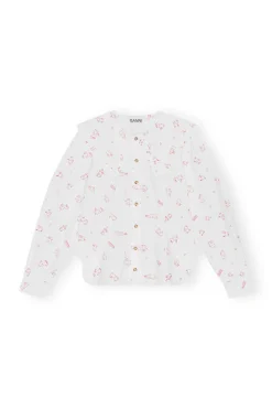 Outlet GANNI Printed Cotton Frill Collar Shirt Seedpearl