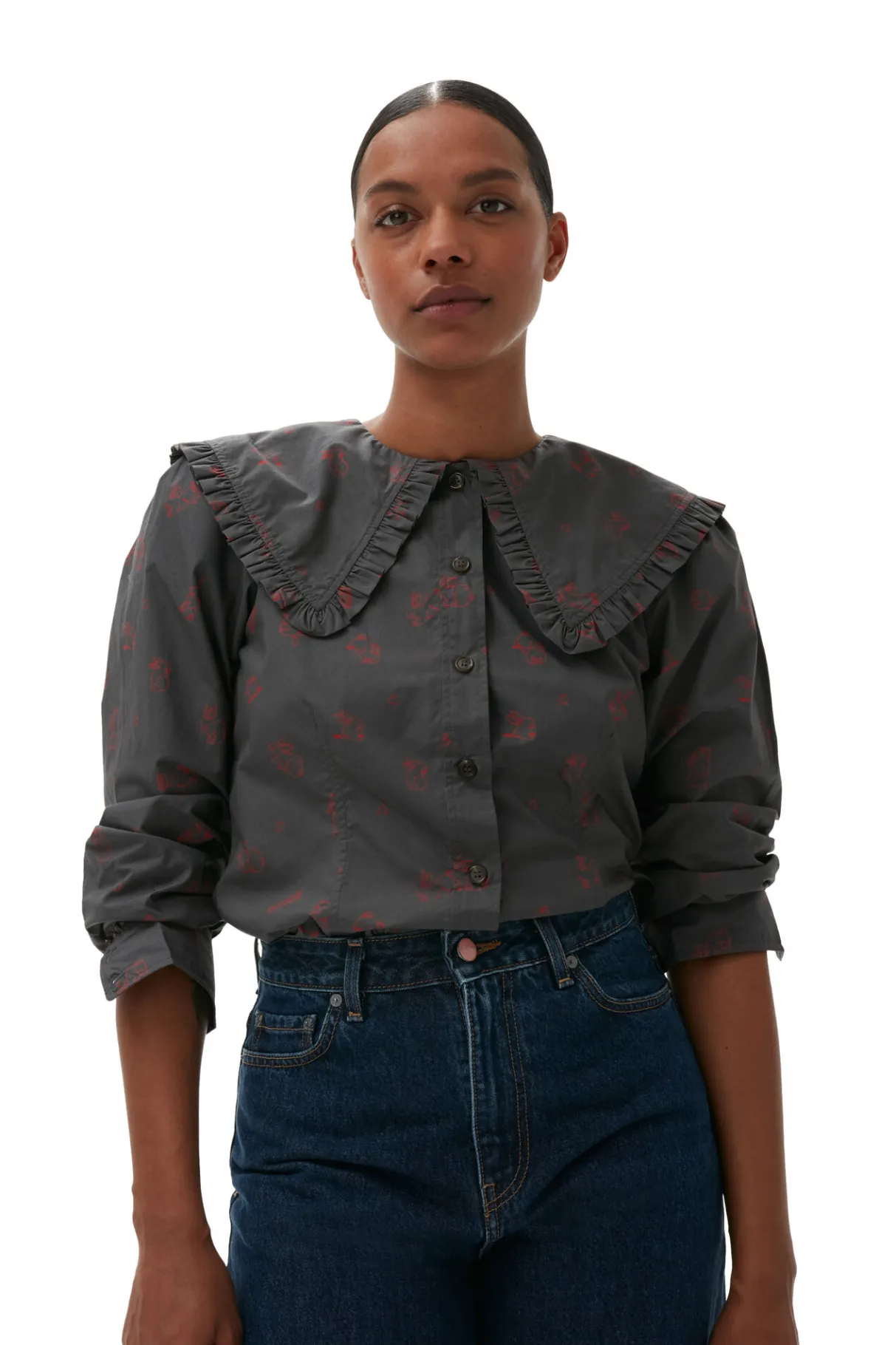 Outlet GANNI Printed Cotton Frill Collar Shirt Volcanic Ash