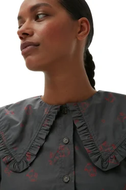 Outlet GANNI Printed Cotton Frill Collar Shirt Volcanic Ash