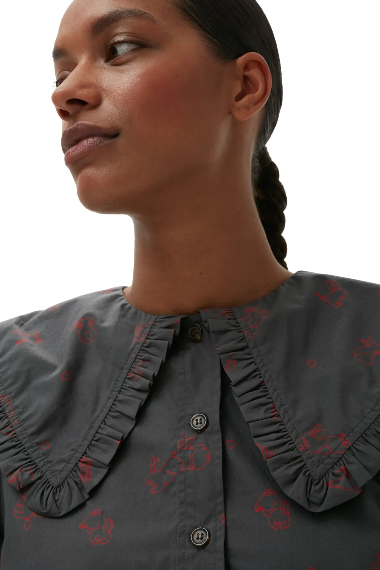 Outlet GANNI Printed Cotton Frill Collar Shirt Volcanic Ash