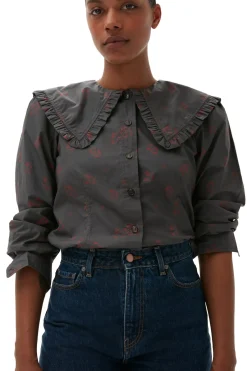 Outlet GANNI Printed Cotton Frill Collar Shirt Volcanic Ash