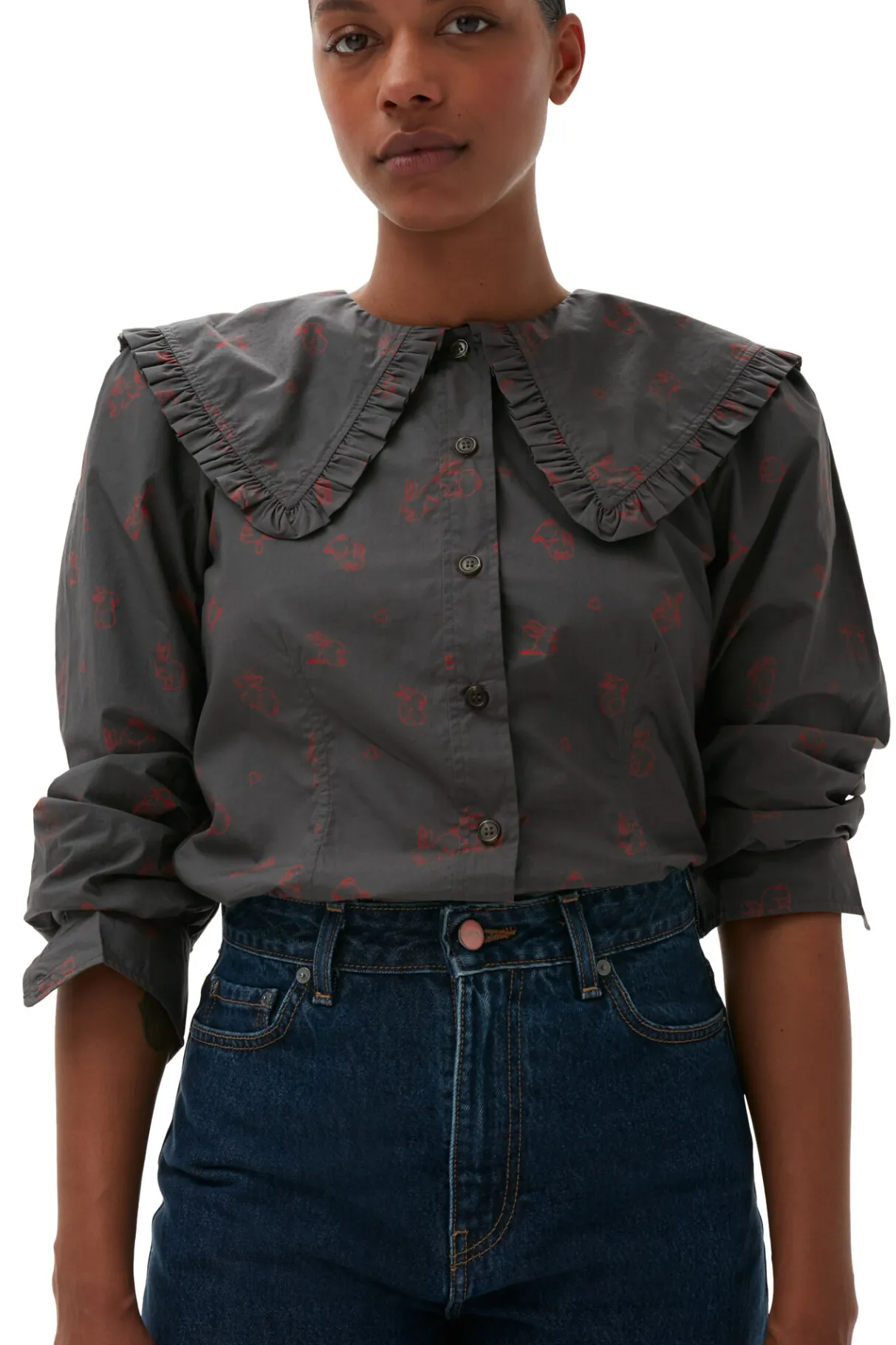 Outlet GANNI Printed Cotton Frill Collar Shirt Volcanic Ash