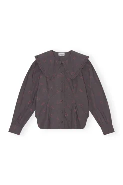 Outlet GANNI Printed Cotton Frill Collar Shirt Volcanic Ash