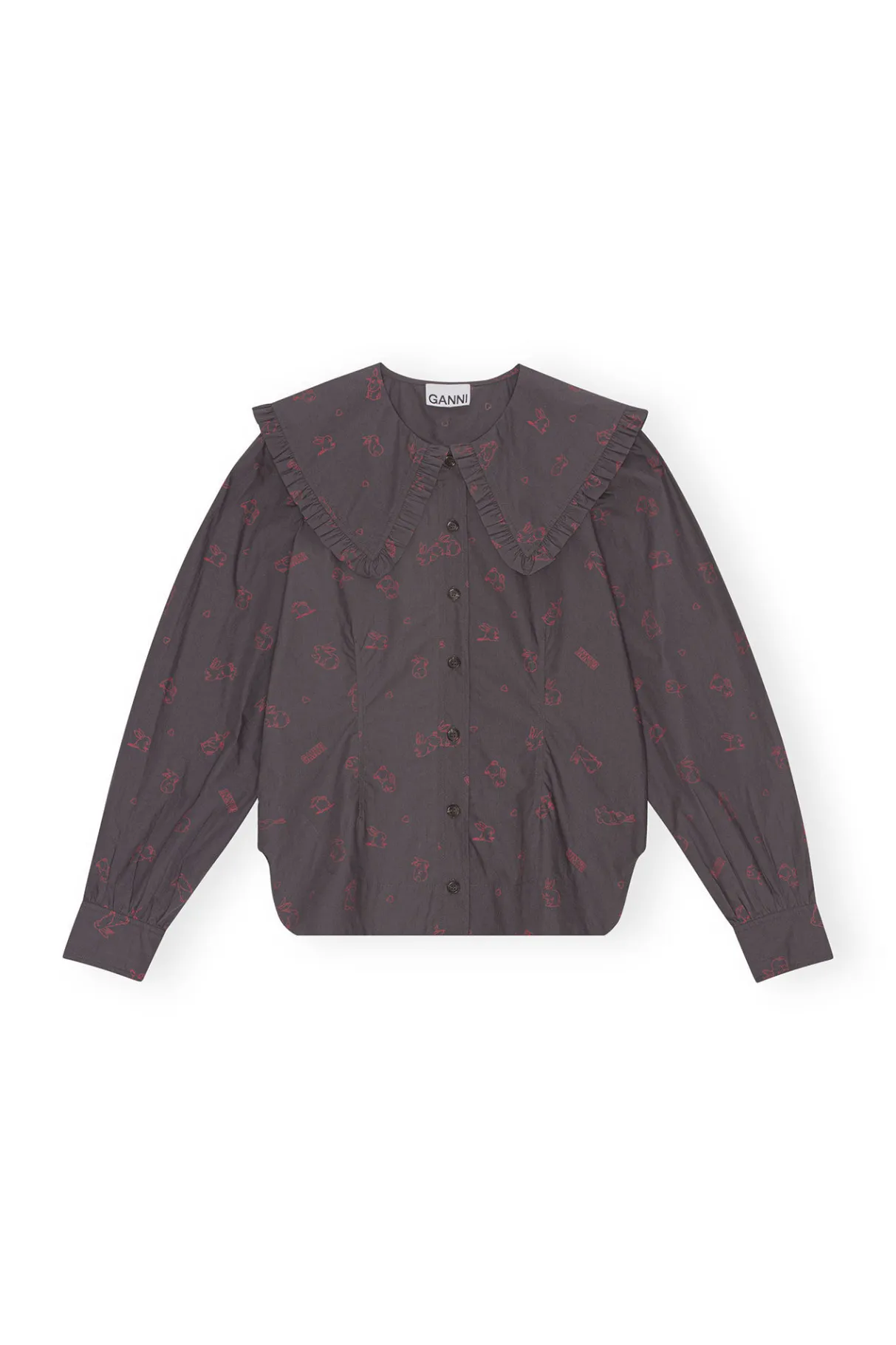 Outlet GANNI Printed Cotton Frill Collar Shirt Volcanic Ash