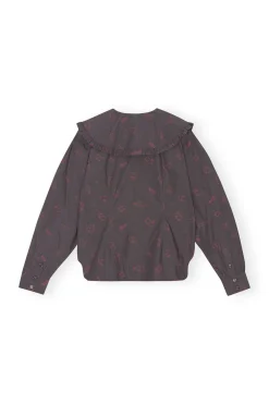Outlet GANNI Printed Cotton Frill Collar Shirt Volcanic Ash