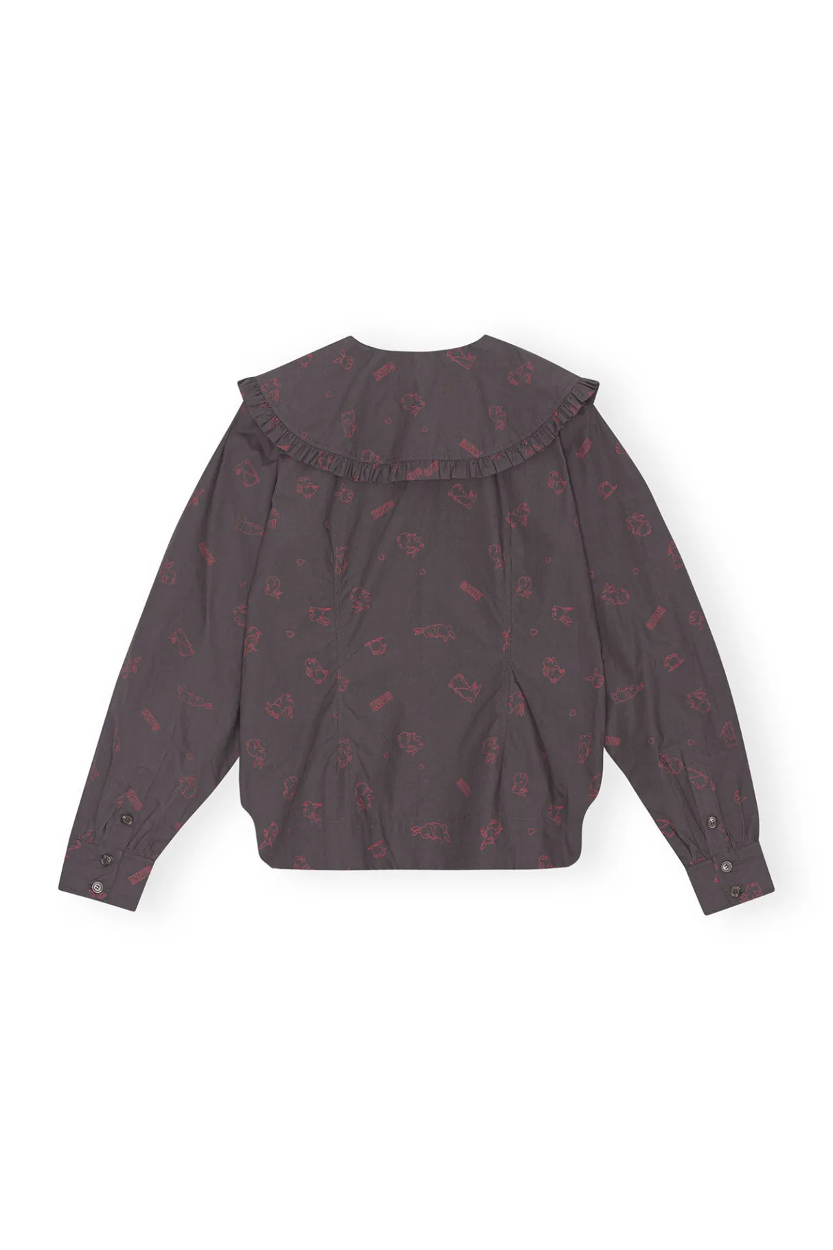 Outlet GANNI Printed Cotton Frill Collar Shirt Volcanic Ash