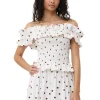 Best Sale GANNI Printed Cotton Off-Shoulder Smock Top Egret